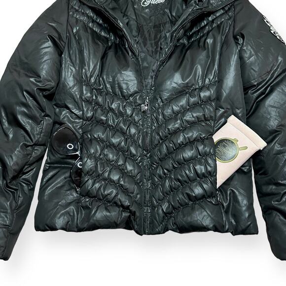 GUESS Puffer Jacket Biker Moto Down Feather Mockneck Gorpcore Chevron Black - Picture 11 of 15